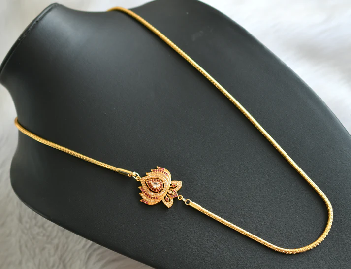 Gold tone White Ruby Stone Lotus Mugappu Chain